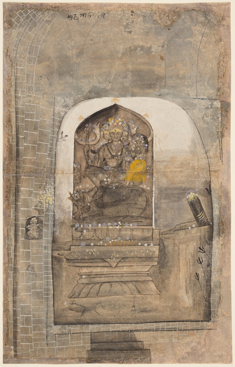 Tilbedelse av stein Bilde av Shiva og Parvati i en helligdom av Unknown artist