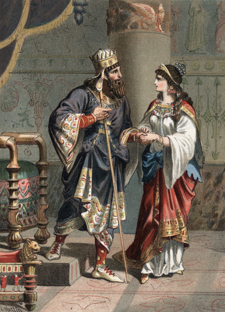 Xerxes I Achaemenid konge av Persia (519-465 f.Kr.) med sin kone Amestris. Gravering av 1881 i "Skjønnhetskulten"" av Juan Justo Huguet, Molinas Hermanos redaktører av Unknown artist