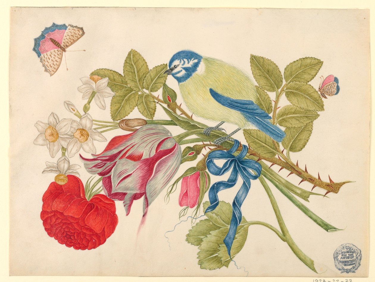 Gul-og-blå fugl på bukett med roser, tulipaner og påskeliljer, med sommerfugler av Unknown artist