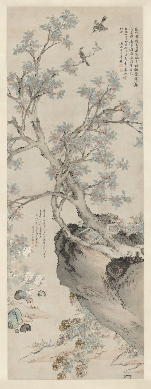 Gule krysantemum og rød osmanthus i stil med Wang Yuan av Unknown artist