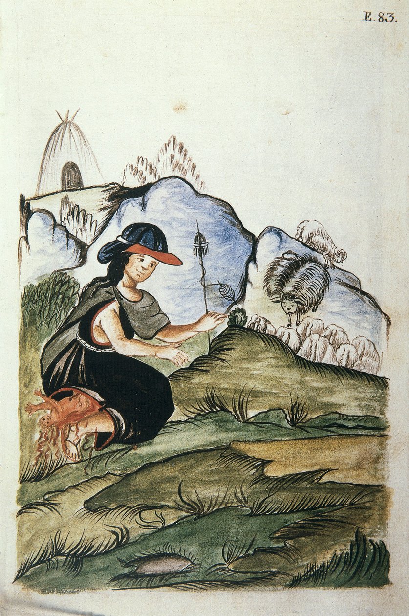 Ung indisk gjeterinne som føder i naturen, fra boken "Trujillo del Peru" eller "Códice Martínez Compañón", av Baltazar Martinez Compañón y Bujanda, biskop av Trujillo (1782-1785) av Unknown artist