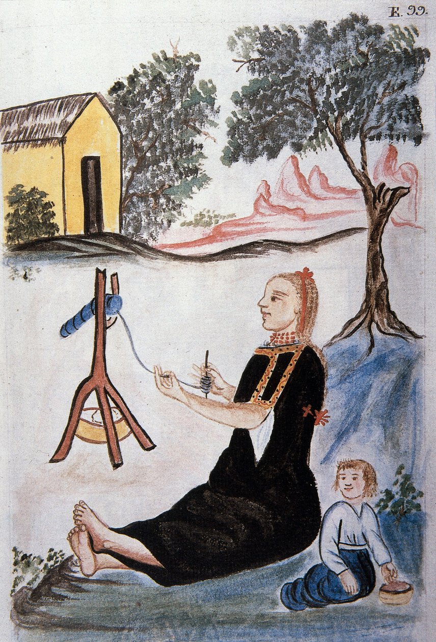 Ung indisk kvinne som spinner ull, fra boken "Trujillo of Peru" eller "Codex Martinez Companion", av Baltazar Martinez Companion og Bujanda, biskop av Trujillo (1782-1785) av Unknown artist