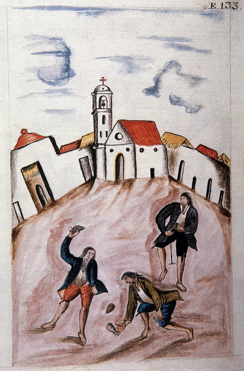 Unge indianere som leker med snurretopp, fra boken "Trujillo del Peru" eller "Codex Martinez Companion", av Baltazar Martinez Companion og Bujanda, biskop av Trujillo (1782-1785) av Unknown artist