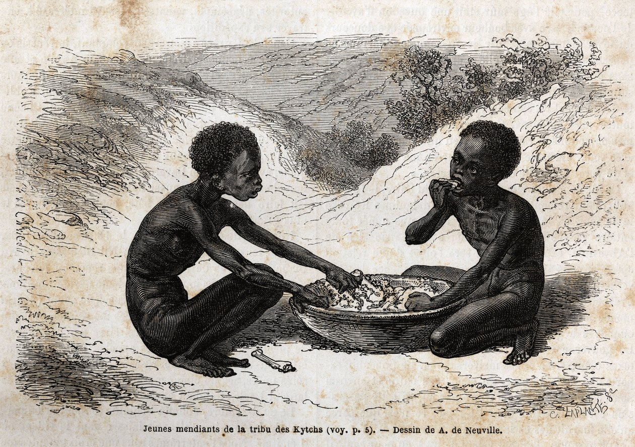 Unge tiggere fra Kychi-stammen (som ligger i Upper Nile-regionen) tar et måltid bytte for noen bunter. Gravering for å illustrere reisen til Lake Albert av Unknown artist