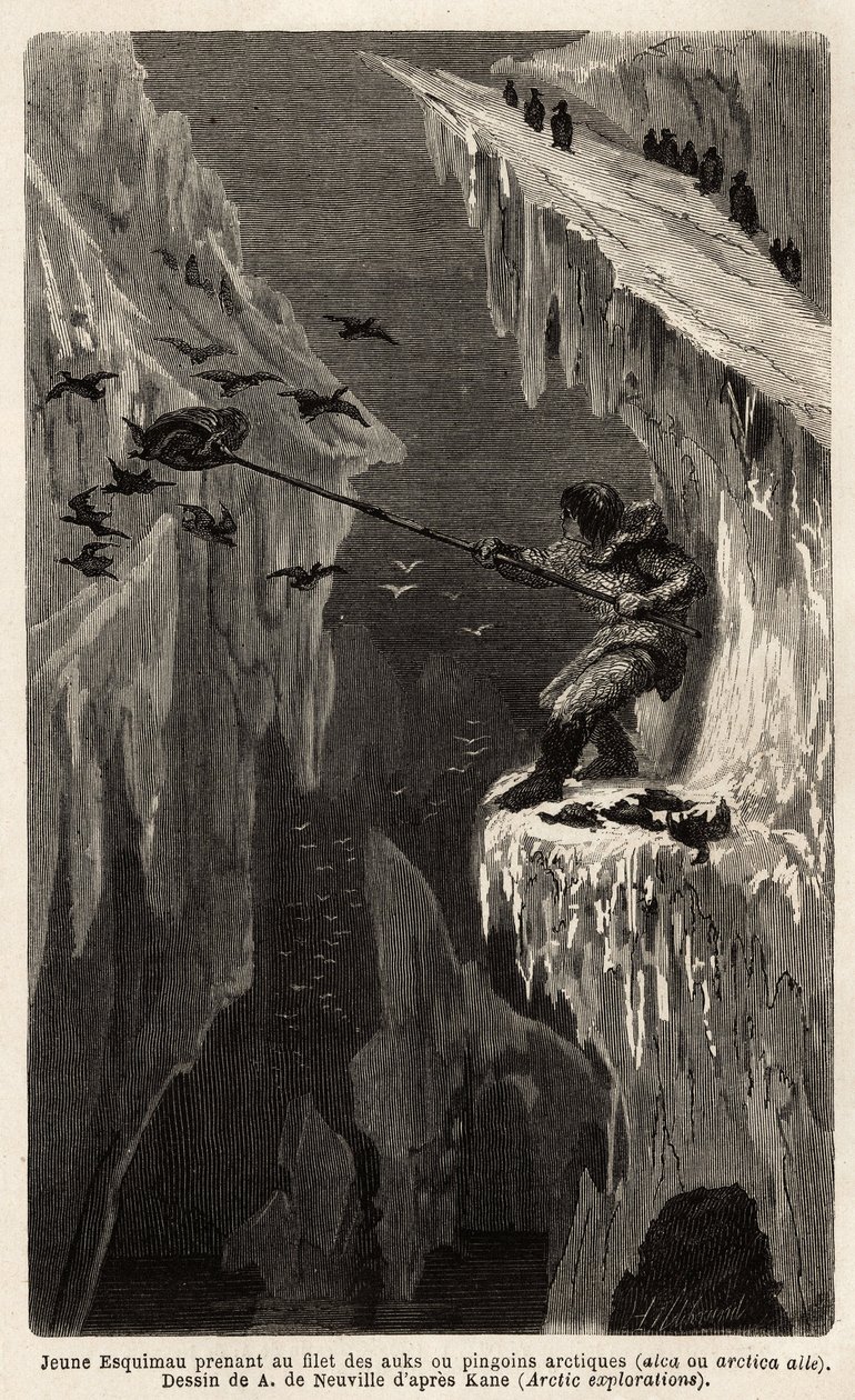 Ung eskimau som fanger arktiske pingviner. Gravering for å illustrere reisen til det frie havet på den arktiske polen, av doktor Hayes, kirurg ved den amerikanske marinen, i 1860-1862, publisert i "Le tour du monde, nouveau journal des voyages", redigert a av Unknown artist