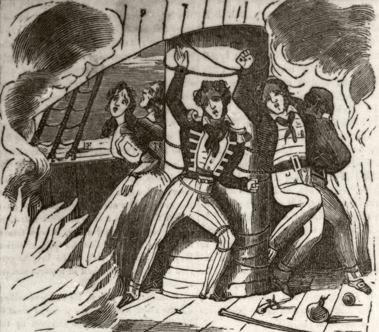 Zampa, den algerinske korsaren: 'Kapteinen, en ung dame, og en del av mannskapet på et engelsk fartøy, bundet til hovedmasten og brent i hjel', ca. 1836 av Unknown artist