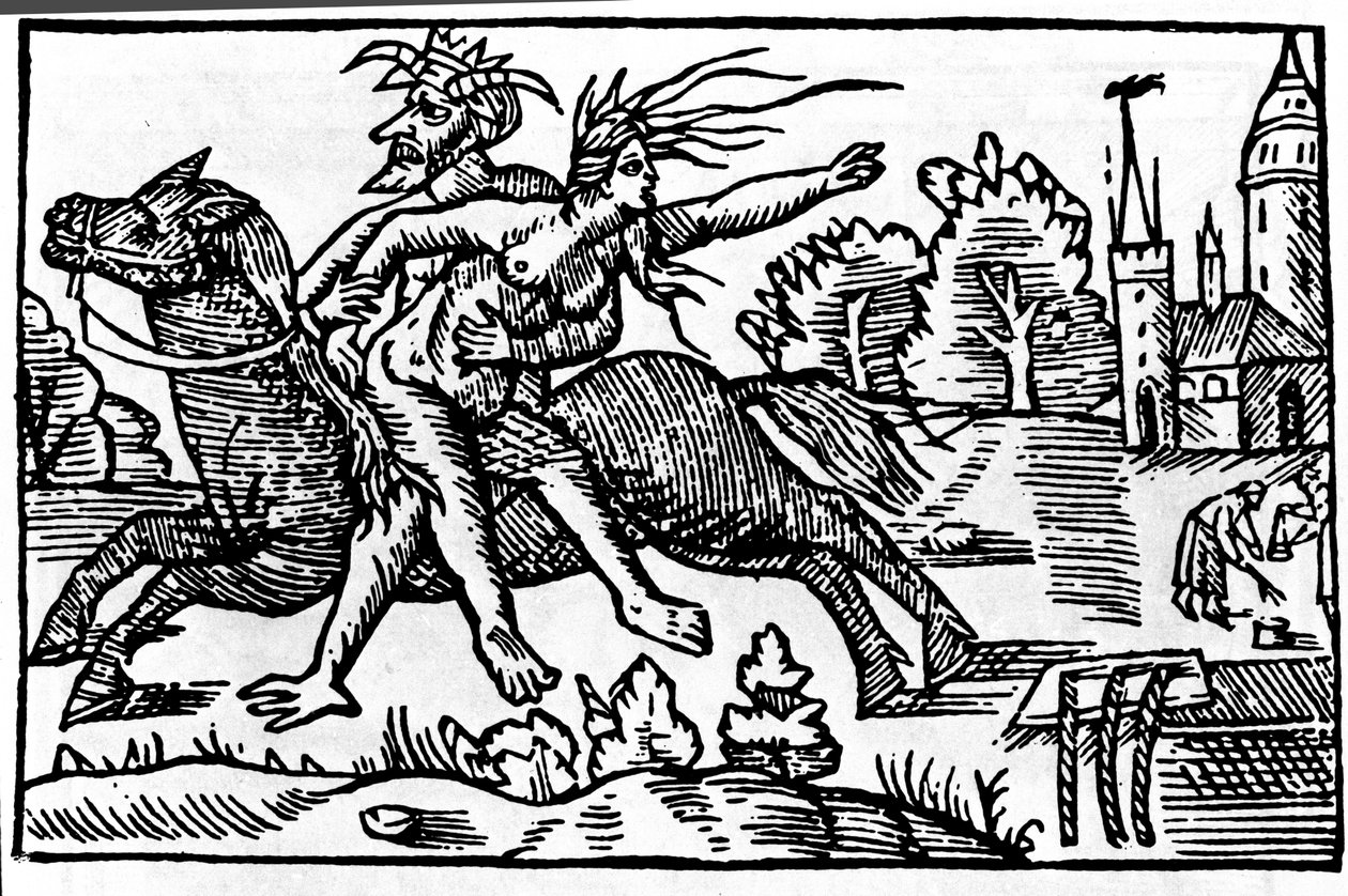djevelen tar bort en heks fra en hest og tar henne med til helvete. Xylografi fra 1500-tallet av Unknown artist