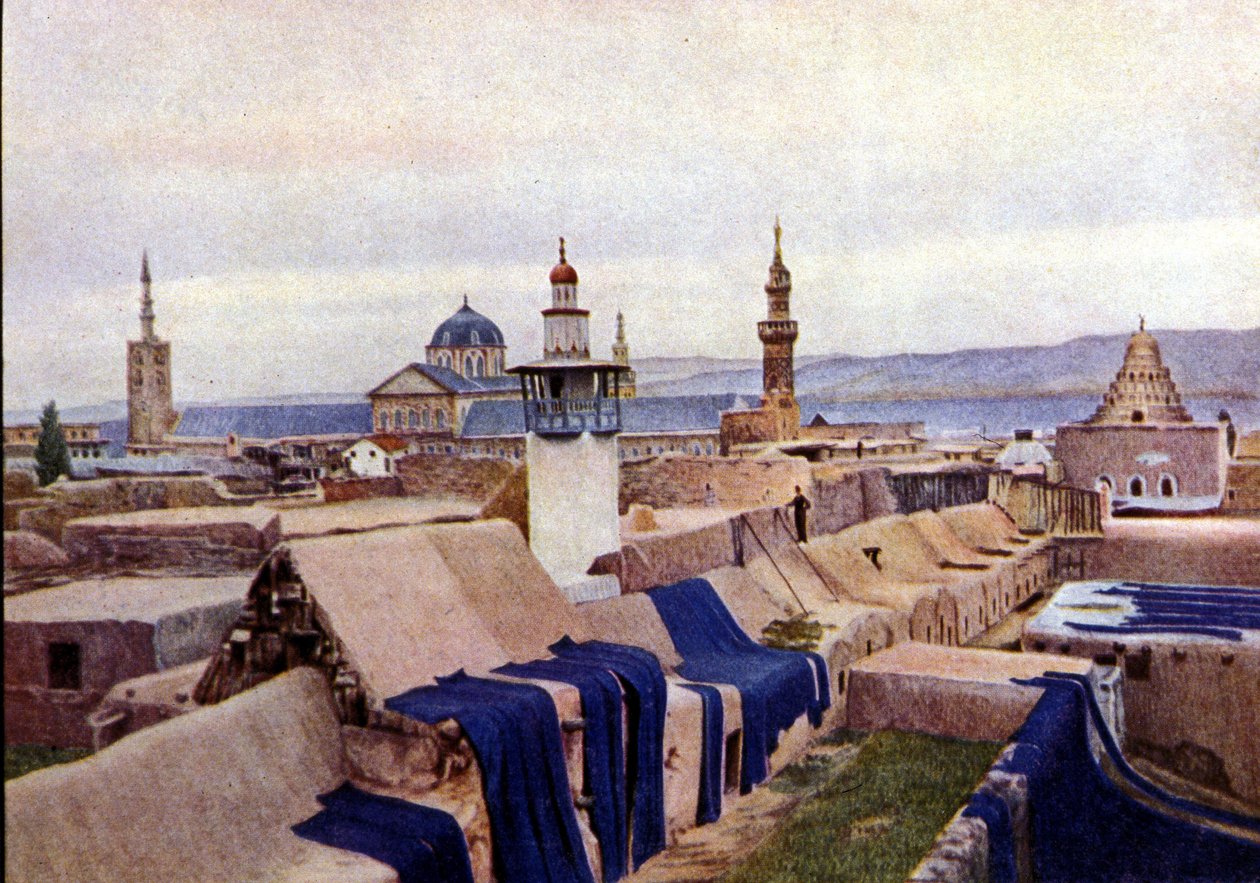 Blå bomullsstoffer lagt til tørk på takene til fargestoffer i Damaskus (Syria). av Unknown photographer