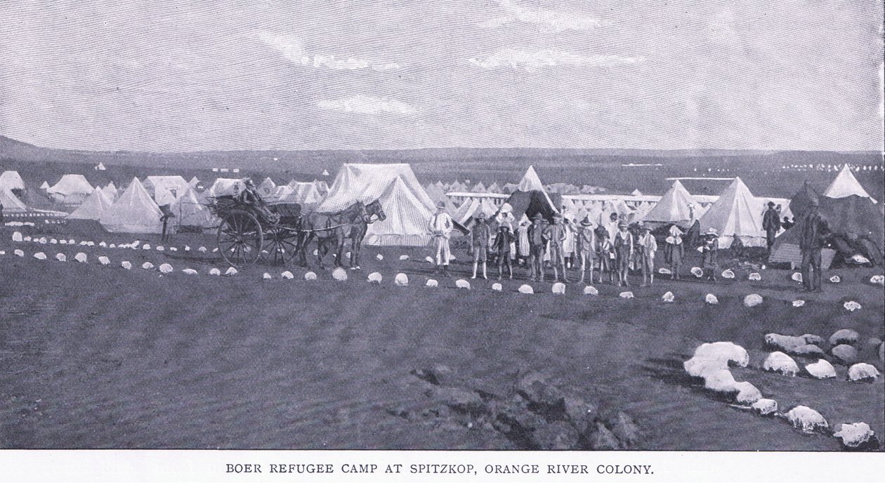 Boer flyktningleir ved Spitzkop, Orange River-kolonien, fra After Pretoria: The Guerilla War utgitt av Harmsworth Bros Limited av Unknown photographer