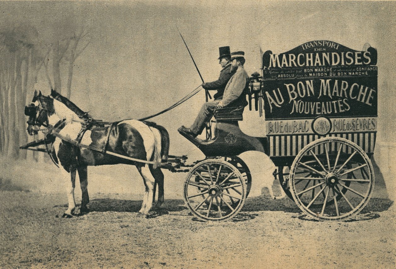 Levering av hestebil fra butikken "" Au Bon Marche" i Paris, rue du Bac og rue de Sevres. Fotografi, sent på 1800-tallet, Paris. Coll. Selva. av Unknown photographer