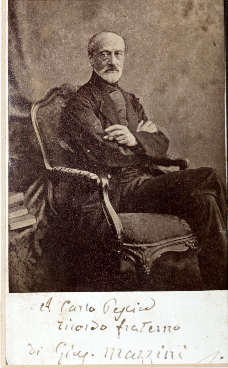 Portrett av Giuseppe Mazzini, med autograf (s/hvitt foto) av Unknown photographer