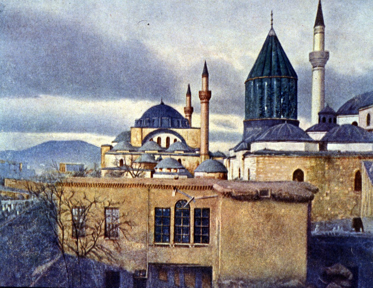 Utsikt over Mevlana-mausoleet i Konya (Tyrkia). Mevlana Celaleddin Rumi er grunnleggeren av Order of Turning Dervishes. Autokrom av Unknown photographer