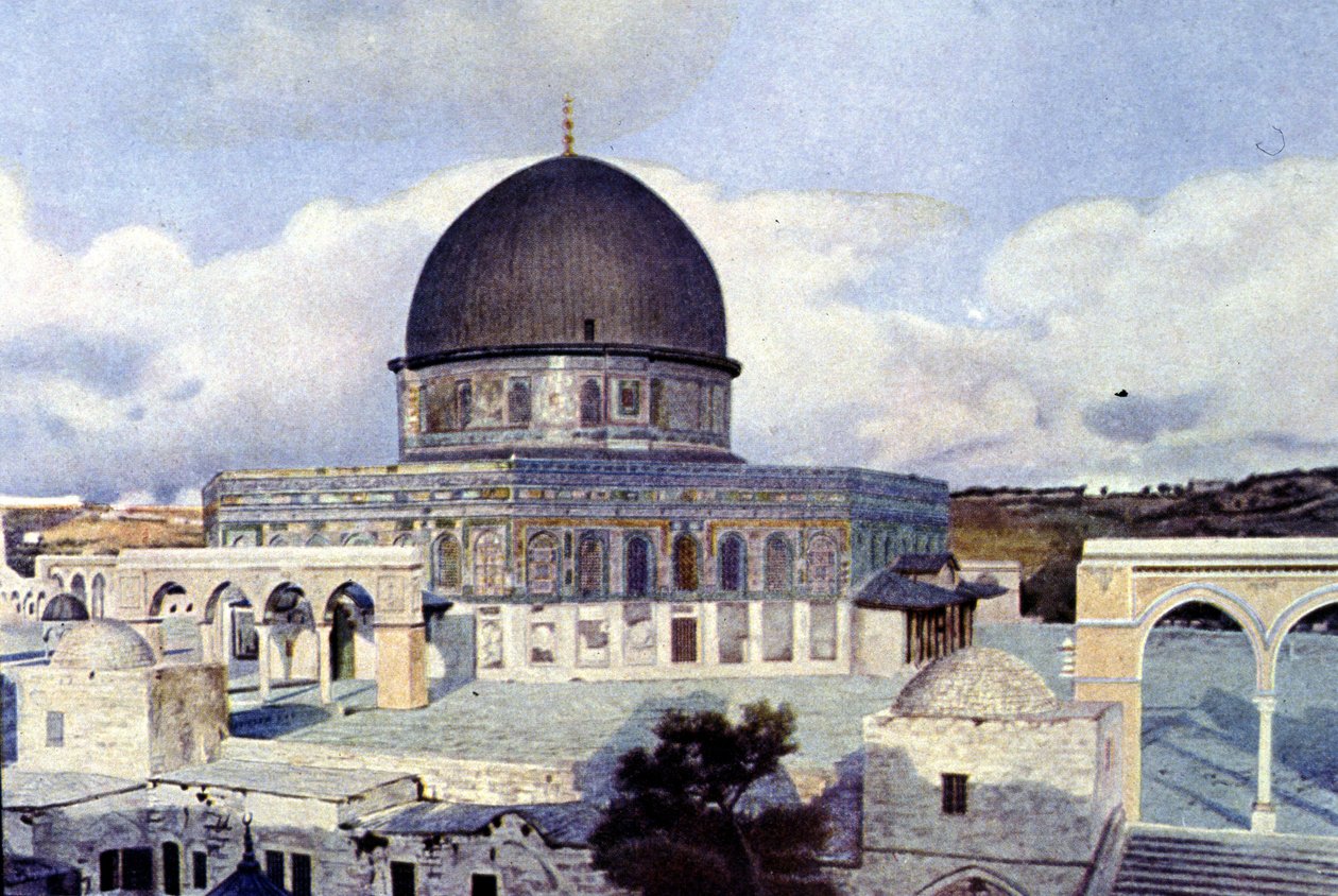 Utsikt over Omar-moskeen i Jerusalem. Autokrom av Unknown photographer