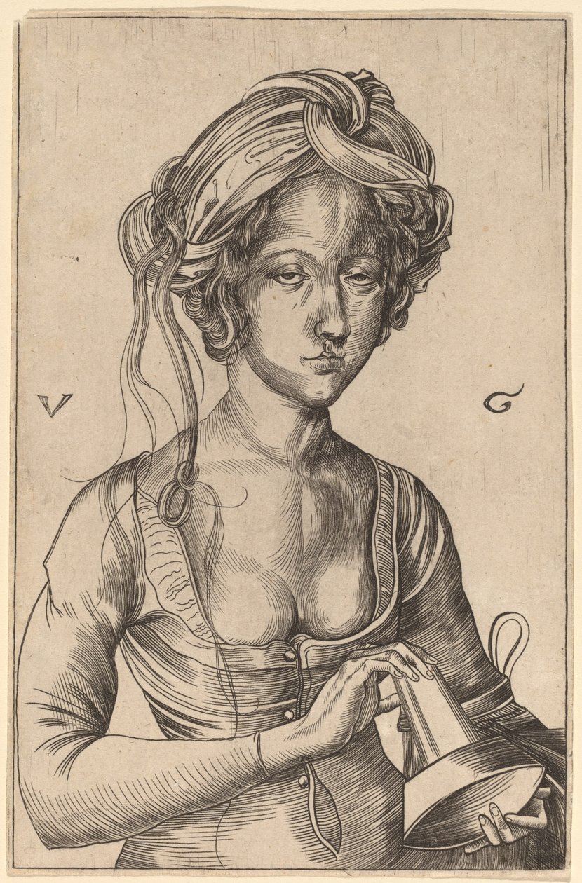 En bystefigur av en tåpelig jomfru som holder sin omvendte lampe av Urs Graf I after Martin Schongauer