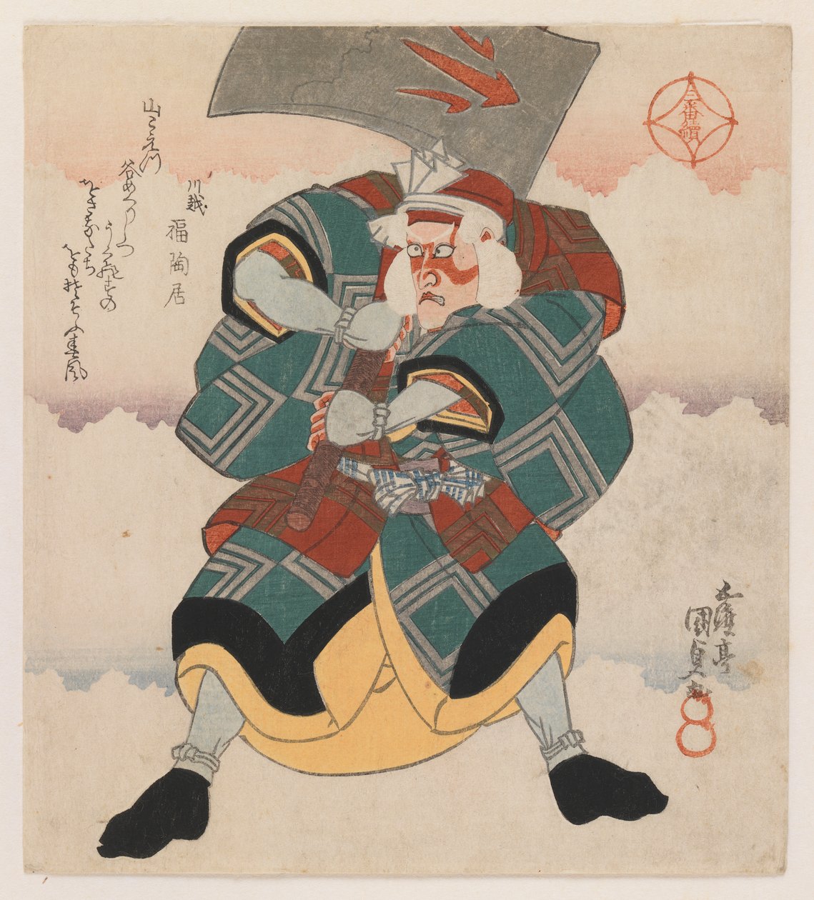 Ichikawa Danjuro VII bærer en øks iført en hvithåret parykk, 1825 (treblokktrykk, shikishiban-format, (høyre ark av en tryptyk), luksuriøst trykk) av Utagawa 1786 1864 Kunisada