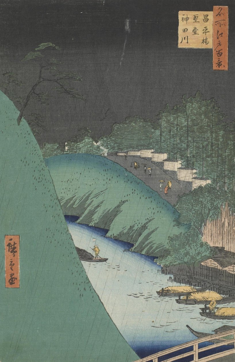 Regn i Seido -hallen og Shohei -broen over Kanda -elven av Utagawa Hiroshige