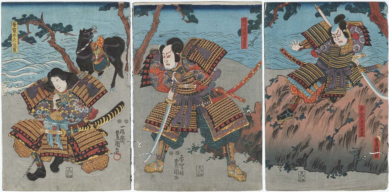 Schauspieler Nakayama Bungoro II als Hirayama Mushadokoro Sueshige R, Ichimura Takenojo V als Kumagai Jiro Naozane C, und Bando Shuka I als Mukan tayu Atsumori L von Utagawa Kunisada