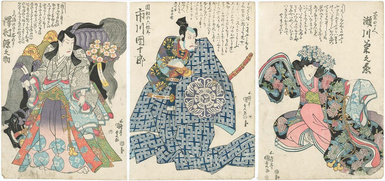 A c og rs Segawa Chrysanthemum Woman V As Before Hearing R, Ichikawa Dan Juro Viy As Okabes Rokuyata C, Forslag d Sawamura Gen Osamu Good As Satsumas hår Tadanori L av Utagawa Kunisada