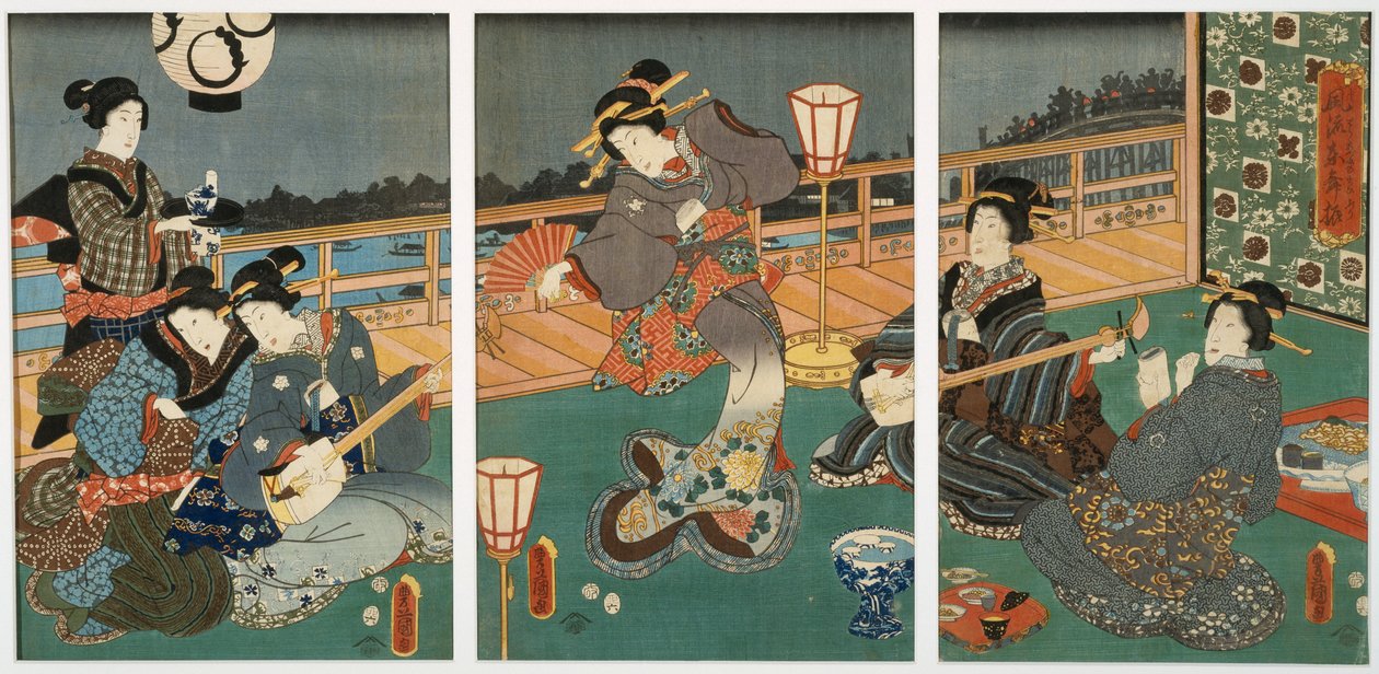 Courtesans Entertaining, triptyk, midten av 1800-tallet (treblokk på morbærpapir) av Utagawa Kunisada