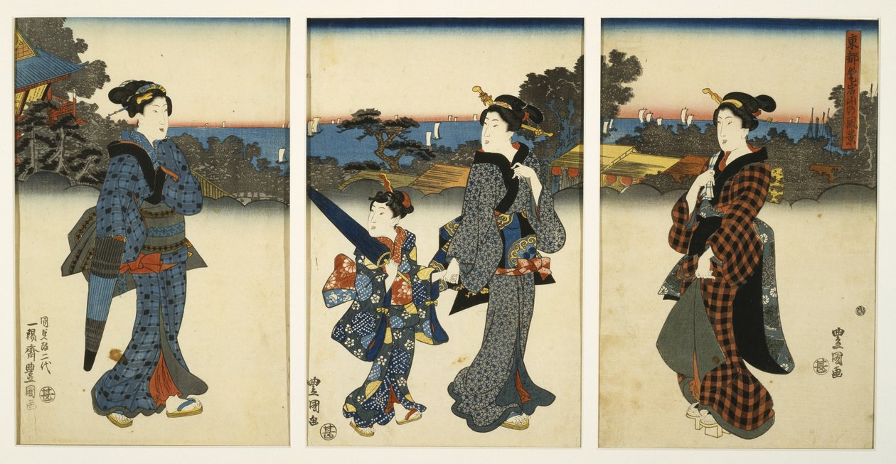 Courtesans Promenading by Sea, midten av 1800-tallet (treblokktrykk, triptyk) av Utagawa Kunisada