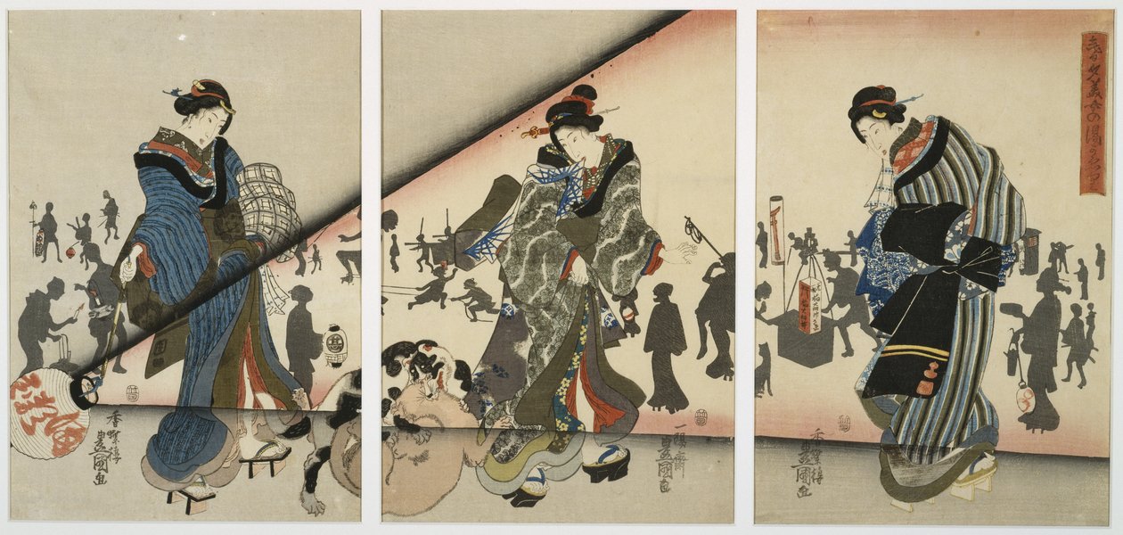 Nattscene med jenter, dyr og lykter, midten av 1800-tallet (treblokktrykk, triptyk) av Utagawa Kunisada