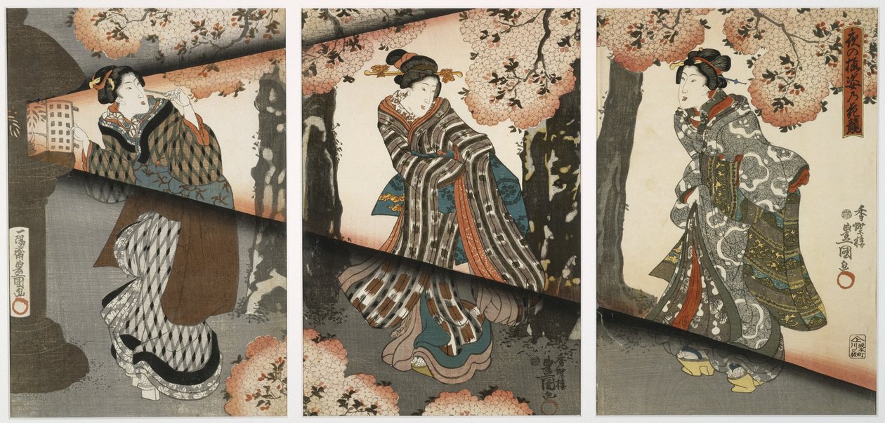 Nattscene med jenter og lykter, midten av 1800-tallet (treblokktrykk, triptyk) av Utagawa Kunisada