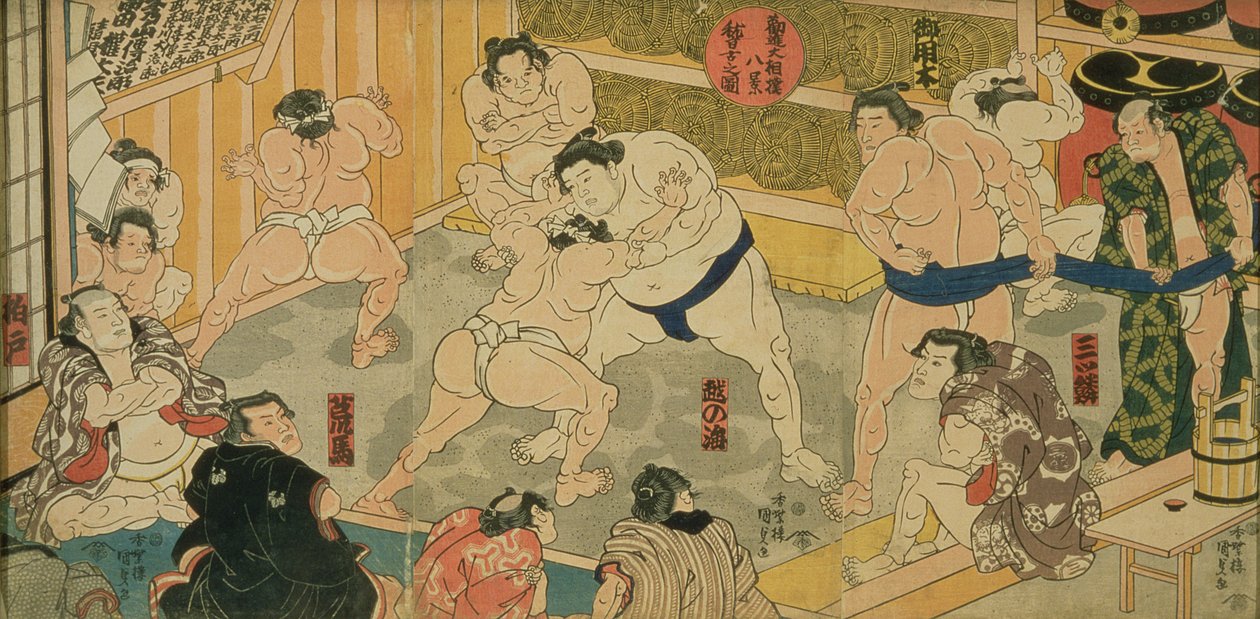 En av åtte utsikter over Kanjin Sumo, pub. av Tsutaya, 1800-tallet, (triptyk, oban-størrelse, farget treblokktrykk) av Utagawa Kunisada