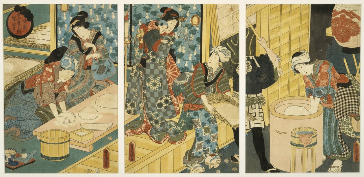 Forberedelser til nyttårsdag (Pounding Mochi), midten av 1800-tallet (treblokktrykk, triptyk) av Utagawa Kunisada