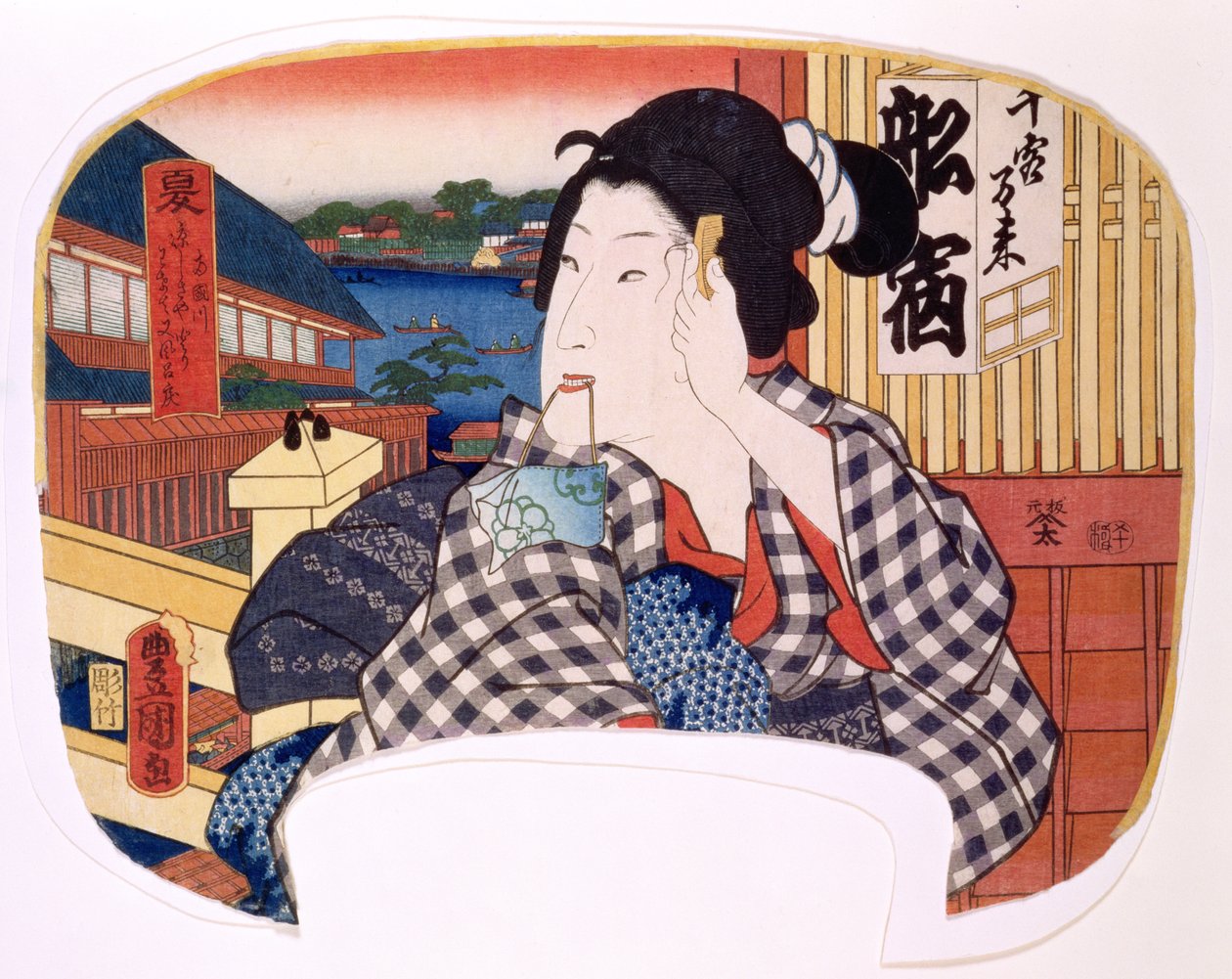 Sommer, elven ved Ryoguku; En geisha som kjemmer håret, design for en vifte fra et sett på fire som illustrerer årstidene, 1858 (treblokktrykk) av Utagawa Kunisada