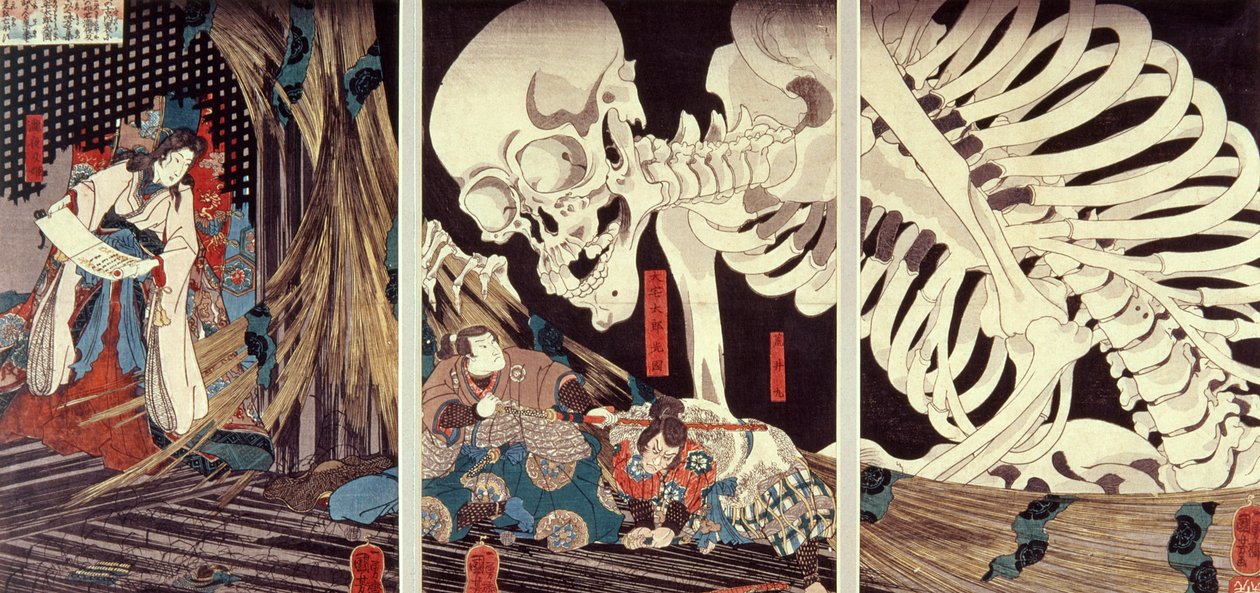 Mitsukuni Defying the Skeleton Spectre, ca. 1845 (håndfarget tresnitt) av Utagawa Kuniyoshi