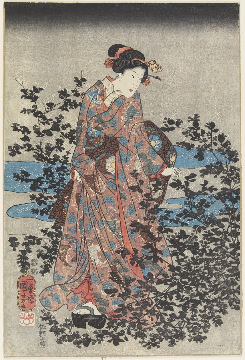 Nattscene med en skjønnhet og buskkløvere, 1847-1852 av Utagawa Kuniyoshi