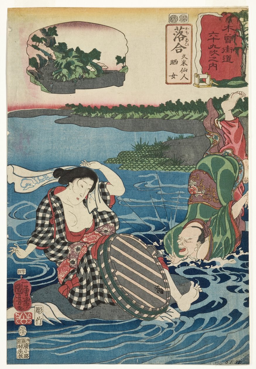 Ochiai: Kume Sennin and the Laundress, 1852 (treblokk) av Utagawa Kuniyoshi