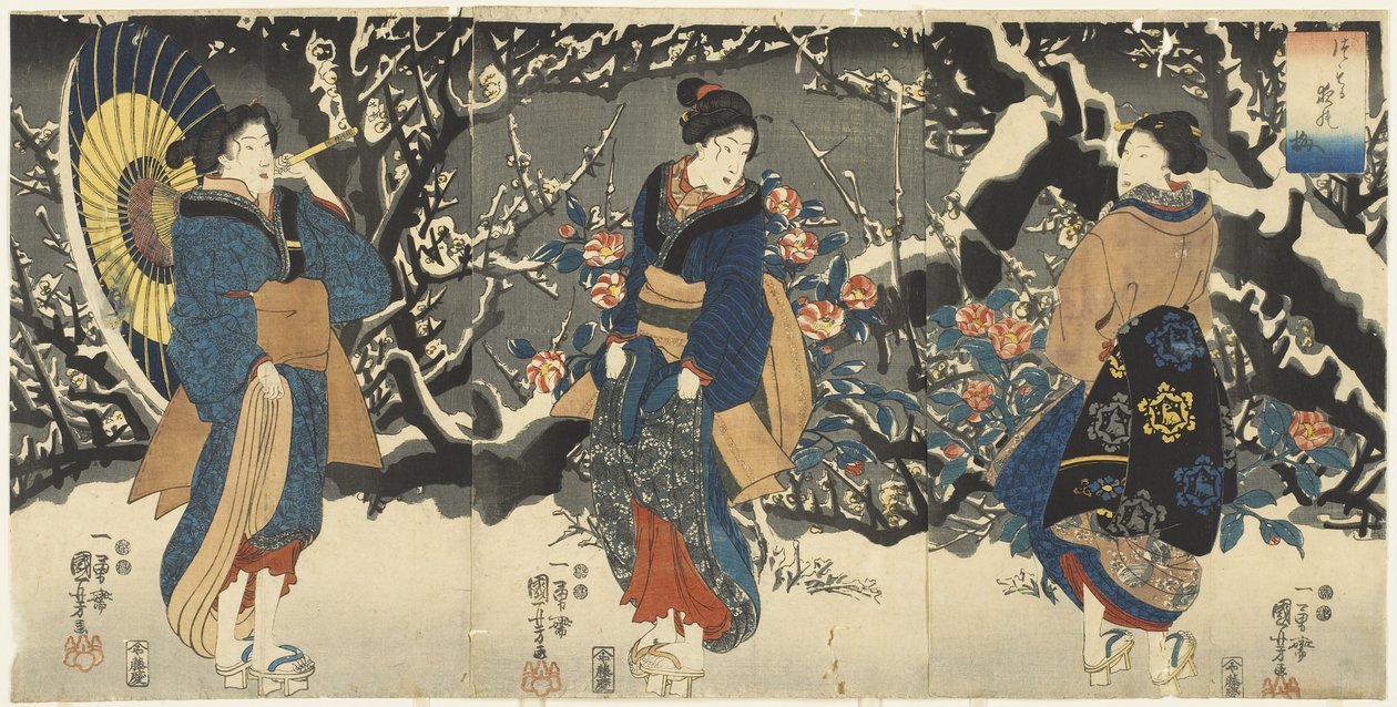 Plomme blomstrer i kveldssnøen, 1847-1852 av Utagawa Kuniyoshi