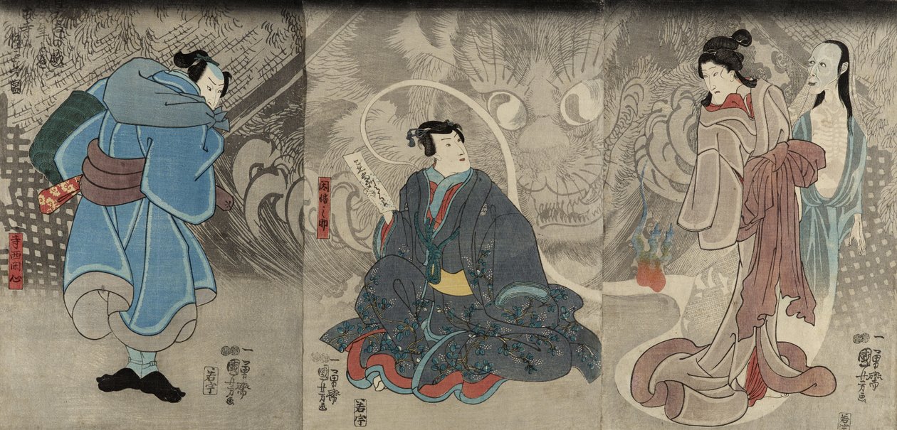 Scene fra en spøkelseshistorie: Okazaki Cat Demon, 1847-48 (treblokktrykk i farger) av Utagawa Kuniyoshi
