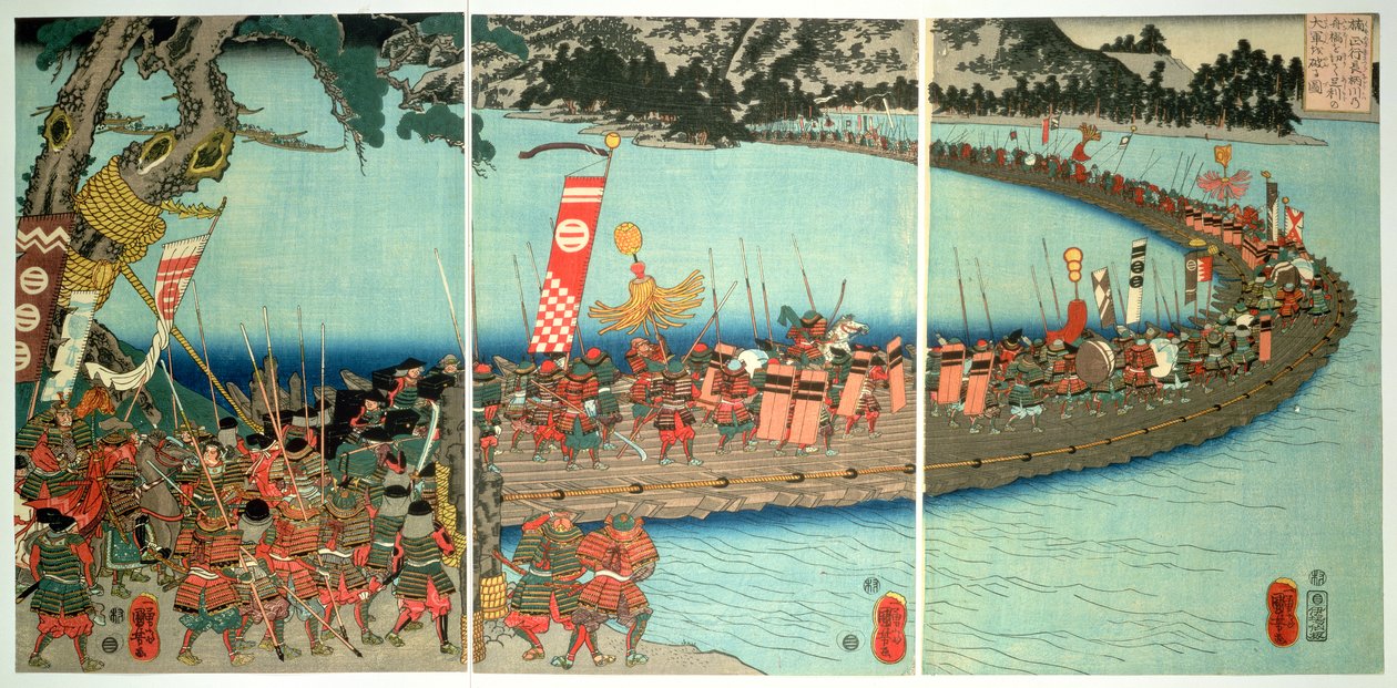 Båtbroen ved slaget ved Nagaragawa, ca. 1844, (farget treblokktrykk) av Utagawa Kuniyoshi