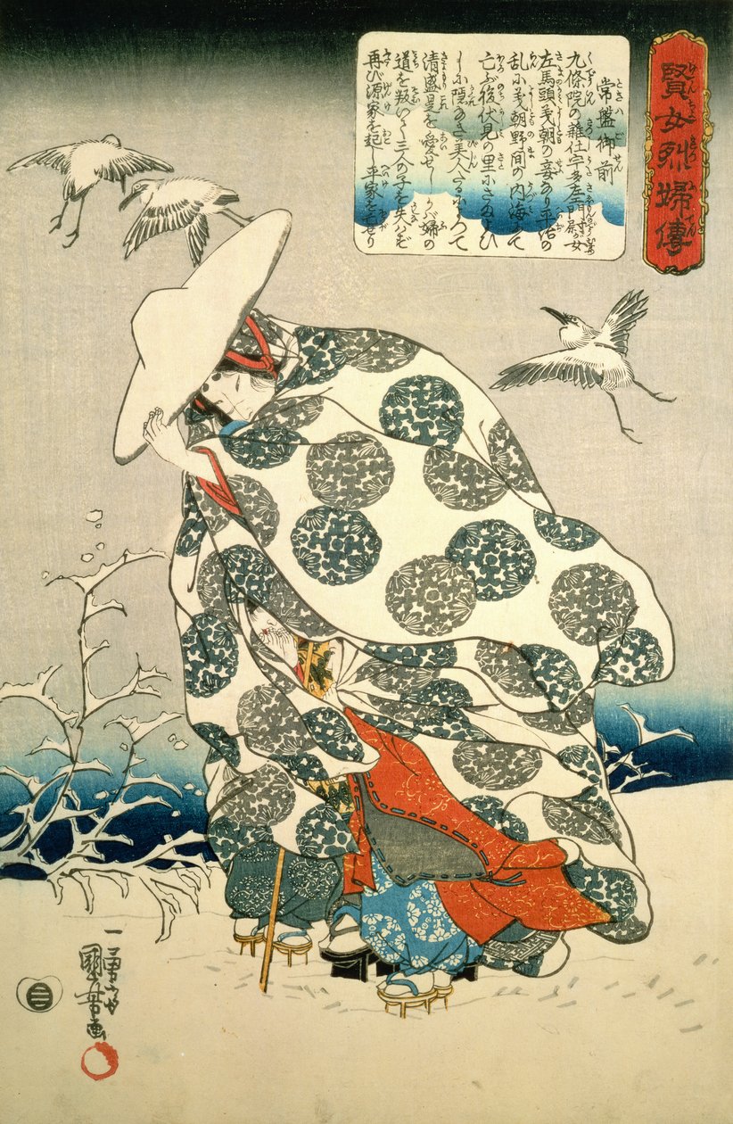 Tokiwa-Gozen med sine tre barn i snøen, pub. ca. 1840, (treblokktrykk i farger) av Utagawa Kuniyoshi