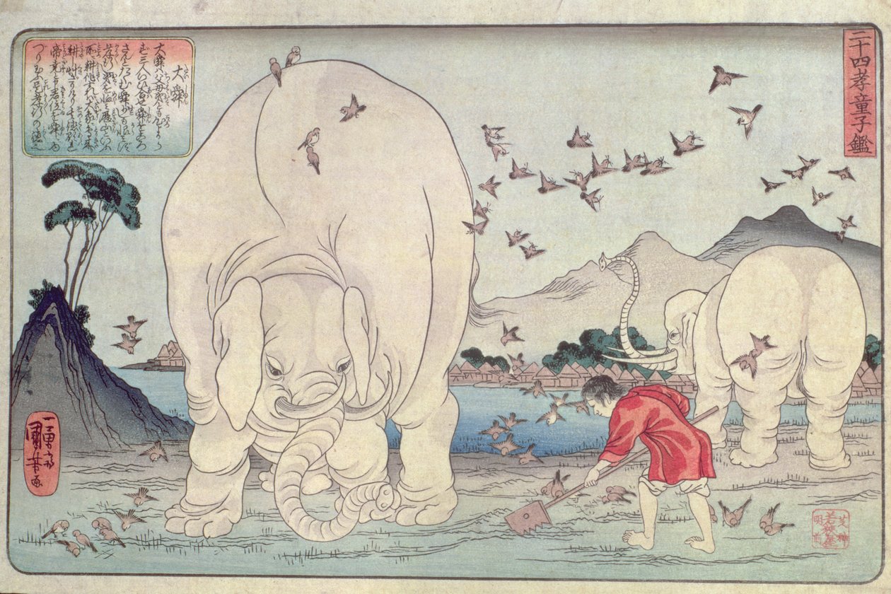 Tjuefire paragoner: Tai Shun and the Elephants, pub. ca. 1830, (treblokktrykk i farger) av Utagawa Kuniyoshi