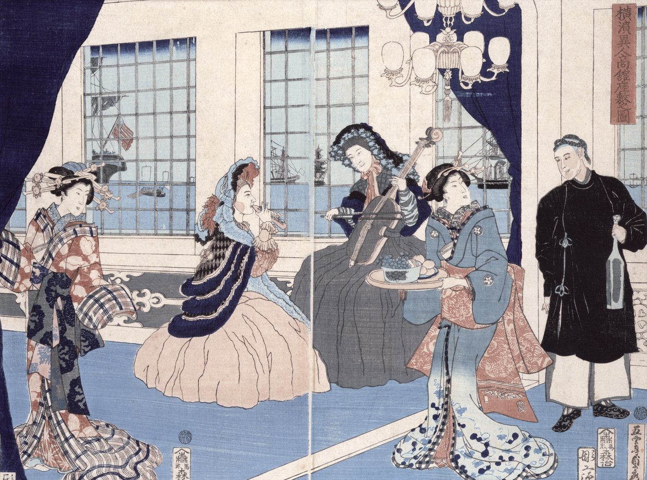 Salongen til et hus av utenlandske kjøpmenn i Yokohama, 1861 (farget treblokktrykk) av Utagawa Sadahide