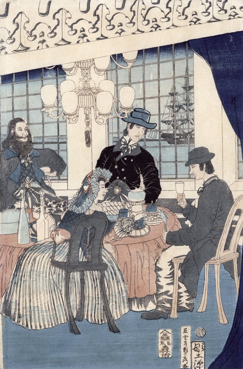 Salongen til et hus av utenlandske kjøpmenn i Yokohama, 1861 (farget treblokktrykk) av Utagawa Sadahide