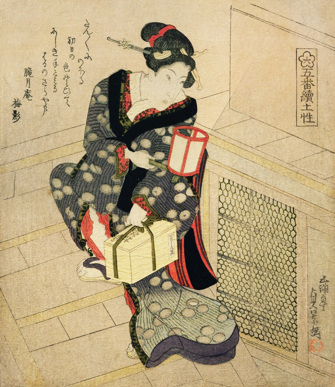 Kvinne som klatrer opp trappene med en lampe og en boks (farget treblokktrykk) av Utagawa Sadakage