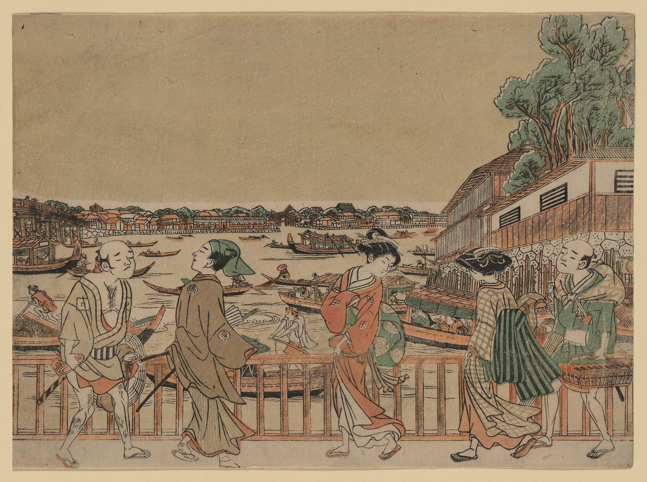 fotgjengere som krysser en bro over en elv som det er båter på av Utagawa Toyoharu