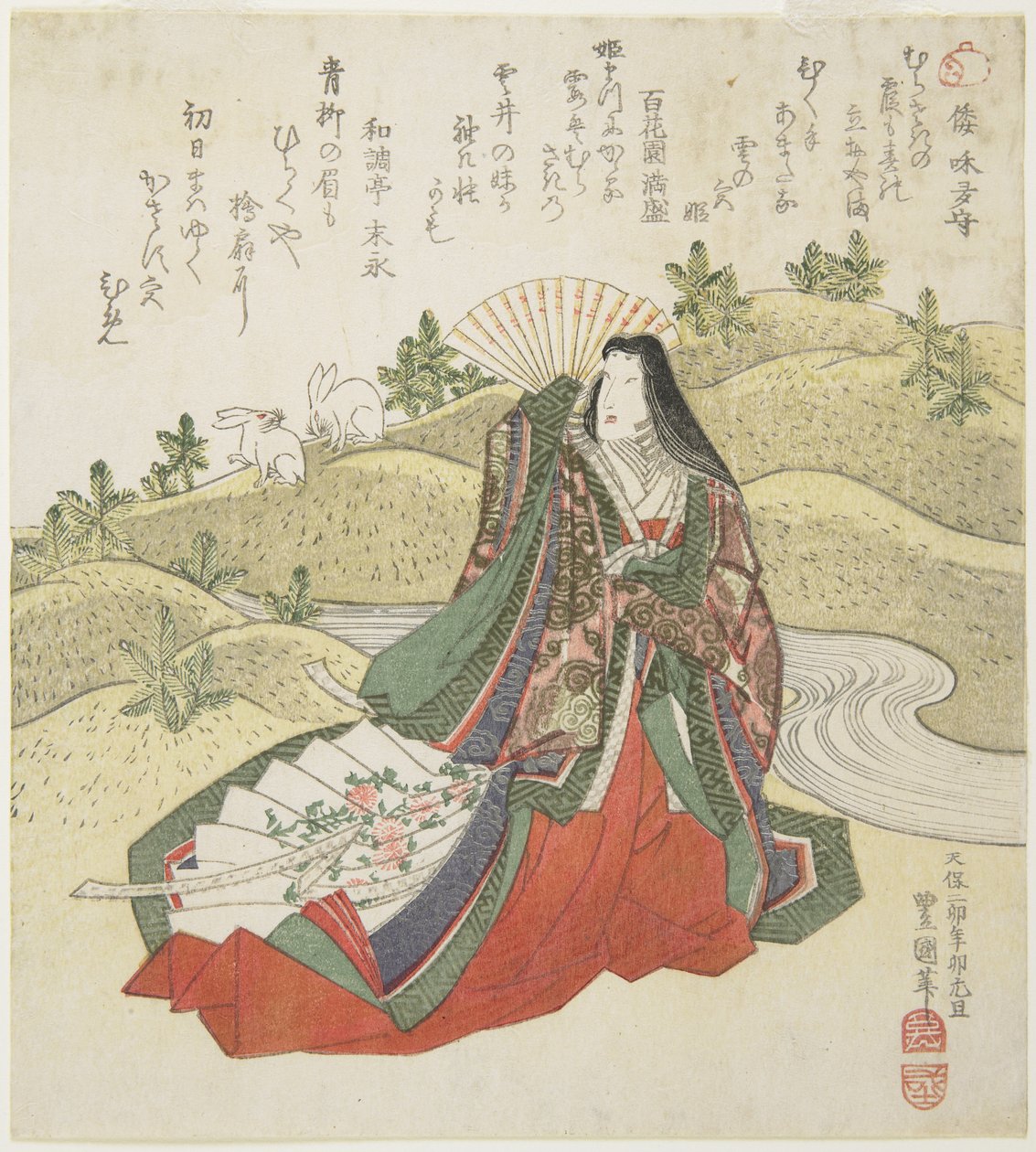 (Hoffdame og to kaniner), januar 1831 av Utagawa Toyokuni