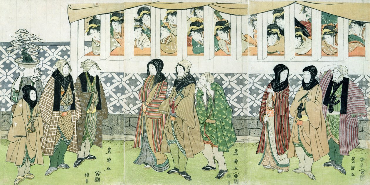 Actors Walking (farget treblokktrykk) av Utagawa Toyokuni