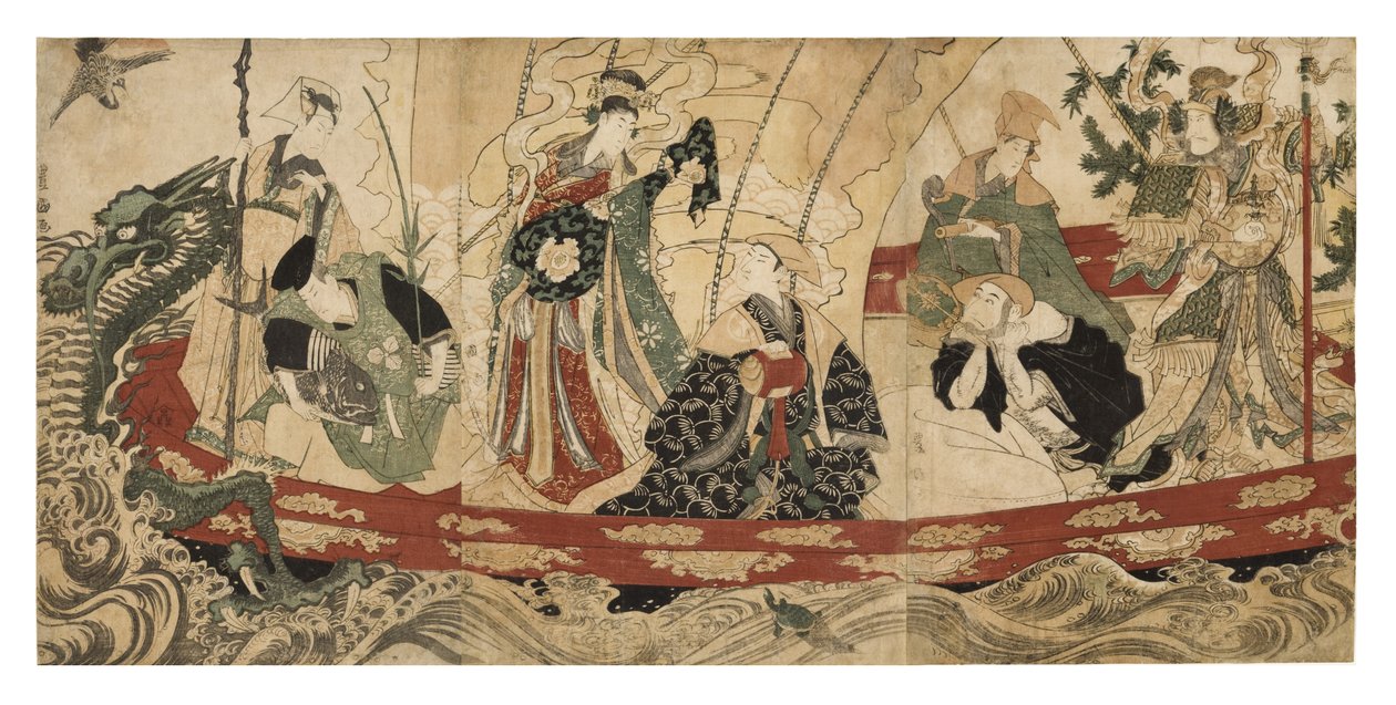 Skuespillere som de syv lykkegudene på et skatteskip, 1800-05 (treblokk) av Utagawa Toyokuni