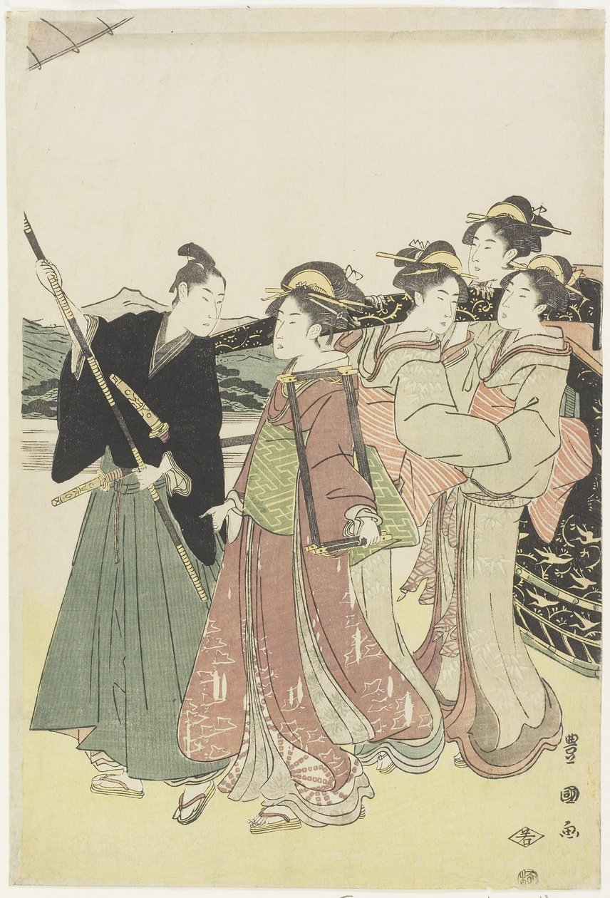 Oiran (High-class Courtesan) Reiser som en Mitate of Daimyo_ Procession, slutten av 1700-begynnelsen av 1800-tallet av Utagawa Toyokuni