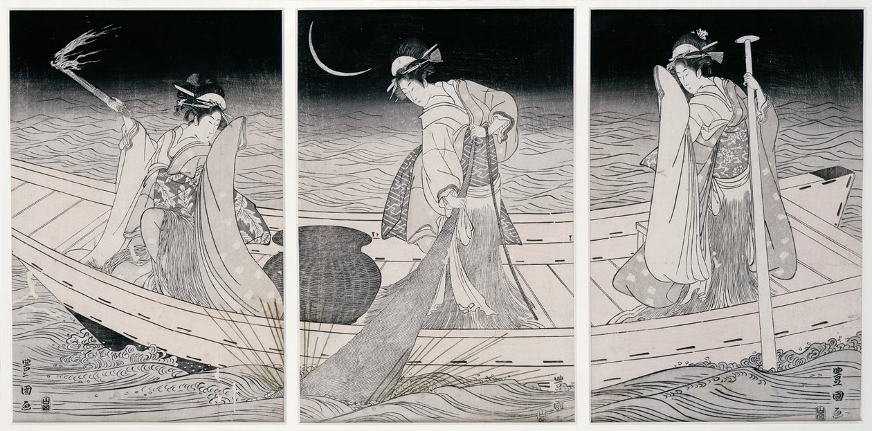 Tre kvinner på en båt som fisker ved lampelys (treblokktrykk) av Utagawa Toyokuni