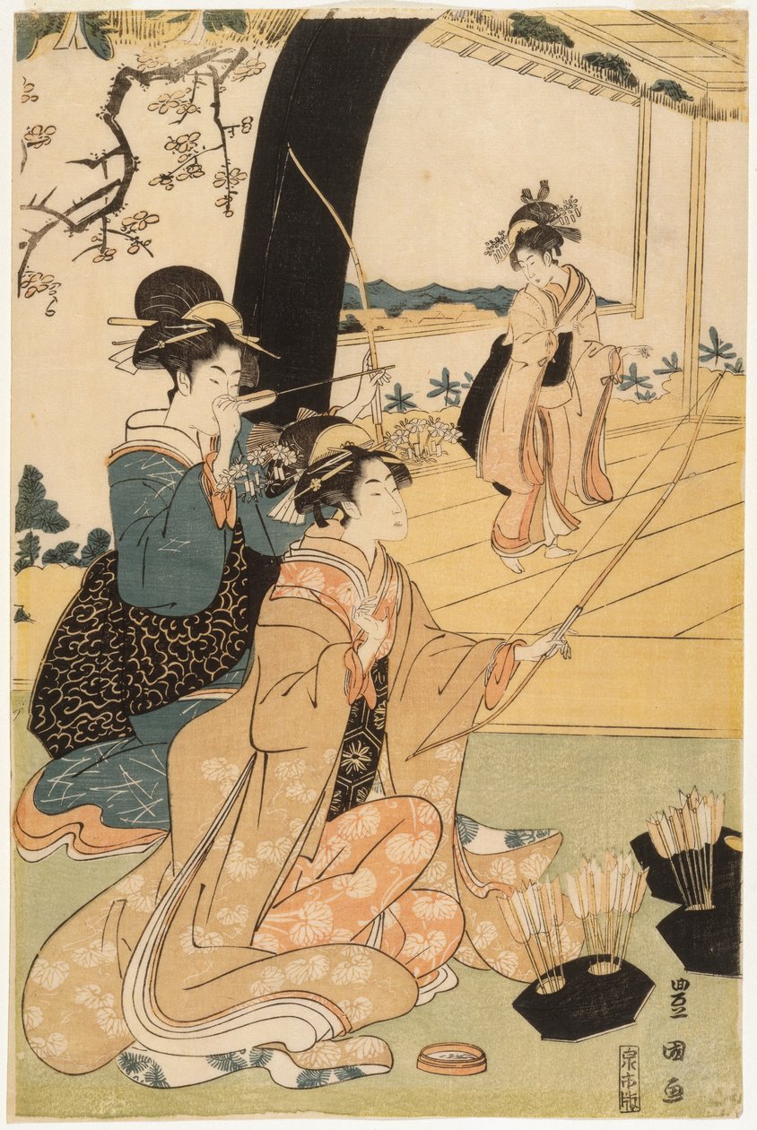 Unge samuraier og kvinnelige ledsagere som øver bueskyting, halvparten av en diptyk, ca. 1800 (farget treblokktrykk) (par til 499359) av Utagawa Toyokuni