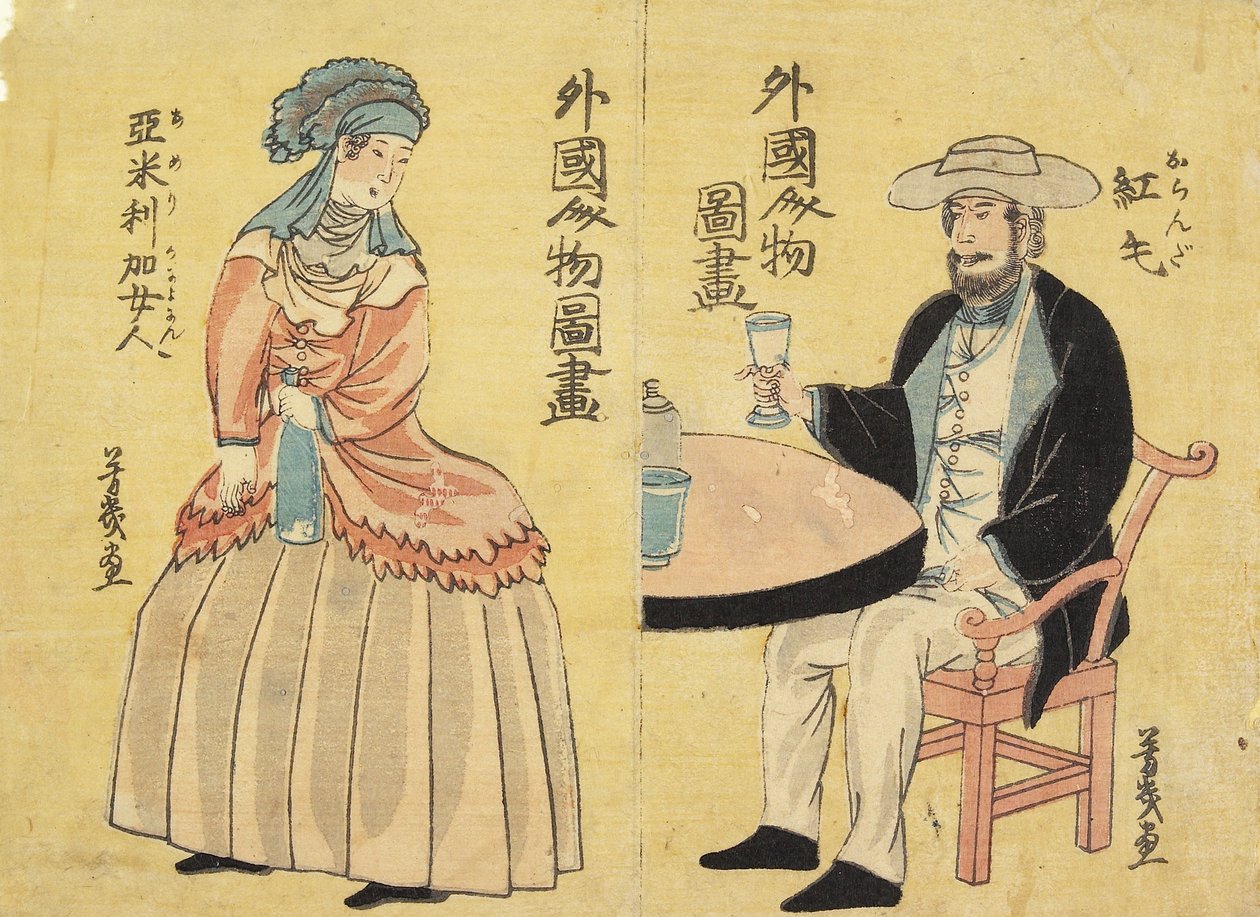 Nederlandsk (til høyre), amerikansk kvinne (til venstre) av Utagawa Yoshiiku