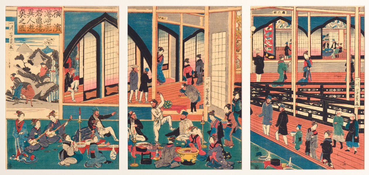 Utlendinger underholdt på Gankiro ved Miyosaki i Yokohama, januar 1861 (treblokk) av Utagawa Yoshikazu