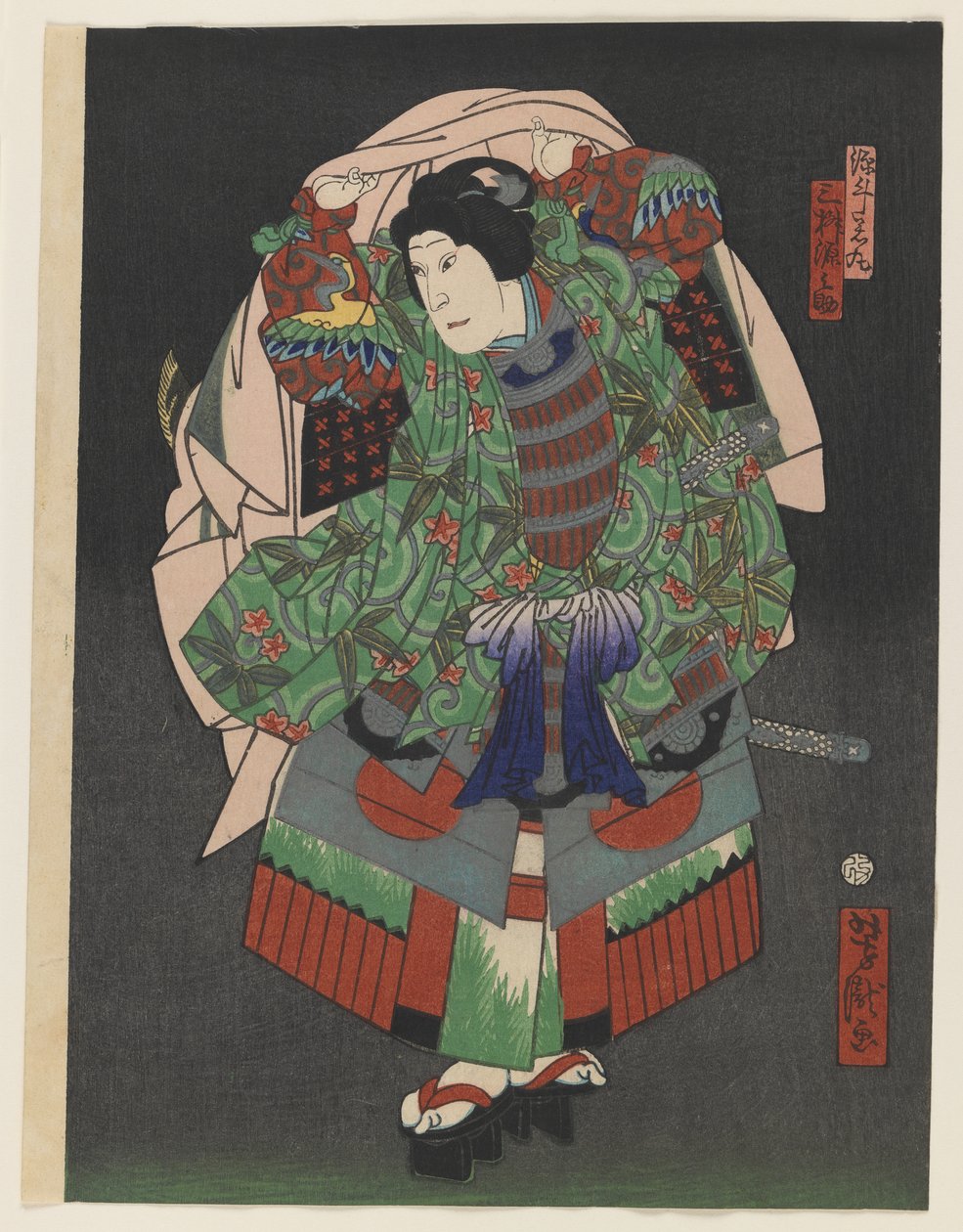 Osaka Kabuki-skuespilleren Gennosuke III, 1868 (farget treblokktrykk med sølv og messing på papir) av Utagawa Yoshitaki
